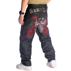 Plus Size Streetwear Baggy Jeans Men's Designer Clothes Embroidered Flower Wings Trousers Male