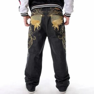 Mens Loose Jeans Wide Leg Fashion Embroidery Skateboarder Hip Hop Baggy Denim Pants
