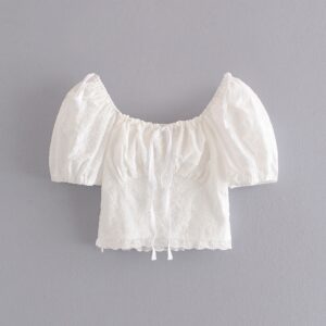 Women's Summer Slim White Short Blouses Bow Lantern Sleeve Crop-Top Casual Shirts