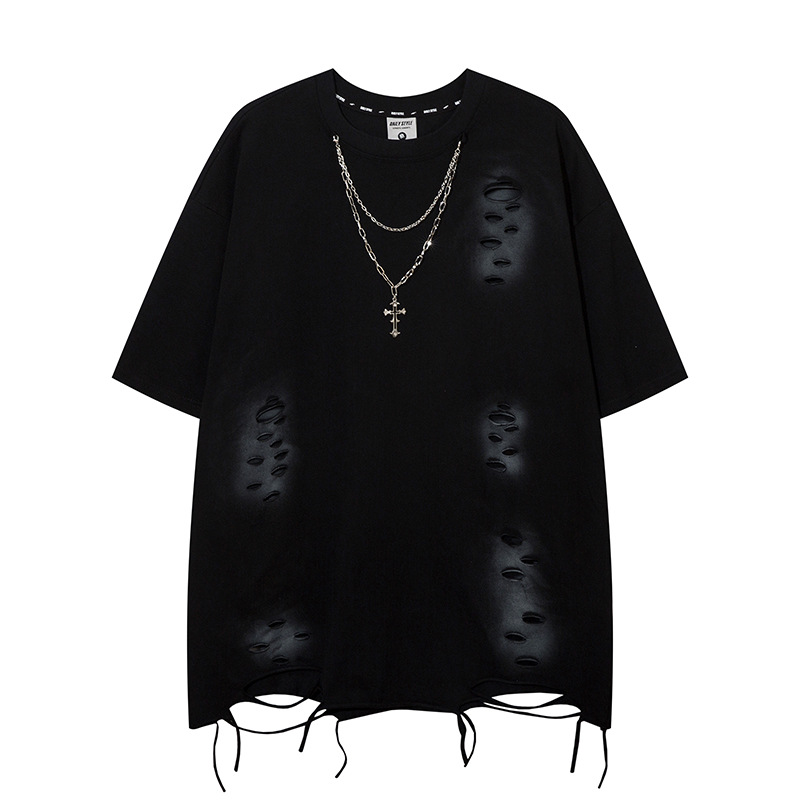 Men's Black Punk Hole T'shirt Retro Hip Hop Metal Chains Oversized Male Summer Top Tees