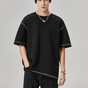 Men's short sleeve loose black t-shirt reverse white stitching oversized fit ribbed crewneck collar summer top tees