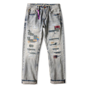 Patchwork 12oz selvedge denim trousers men's fashion high-end slim fit jeans
